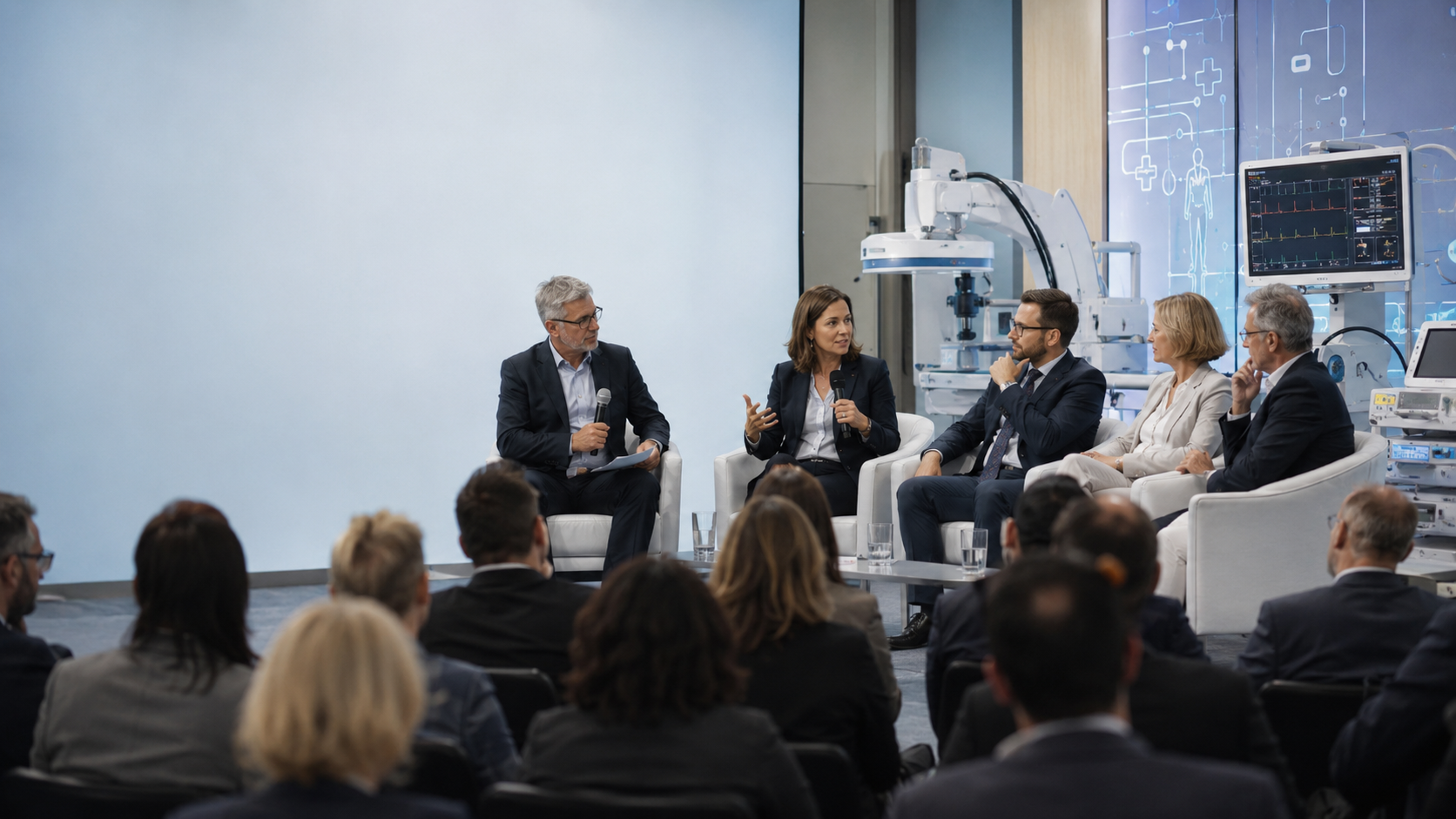 Panel ekspertów branży MedTech podczas dyskusji o bezpieczeństwie zdrowotnym i technologiach medycznych.