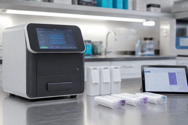 Kompaktowy analizator PCR w środowisku diagnostyki point-of-care z jednorazowymi materiałami testowymi.