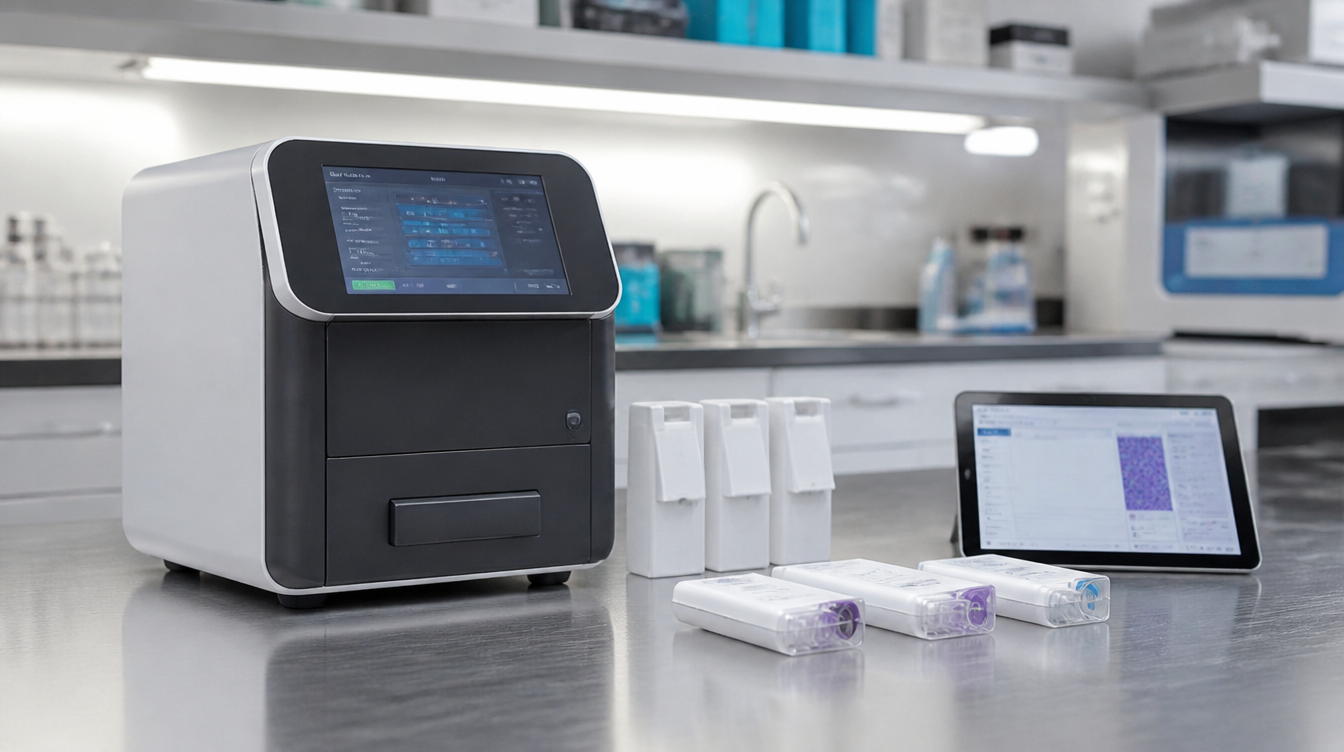 Kompaktowy analizator PCR w środowisku diagnostyki point-of-care z jednorazowymi materiałami testowymi.