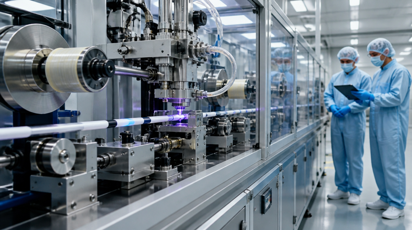 Automatyczne nanoszenie warstwy polimerowej na elastyczny trzon w procesie produkcyjnym.