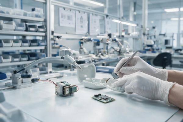 Montaż elektronicznych wyrobów medycznych w nowoczesnym zakładzie produkcyjnym.