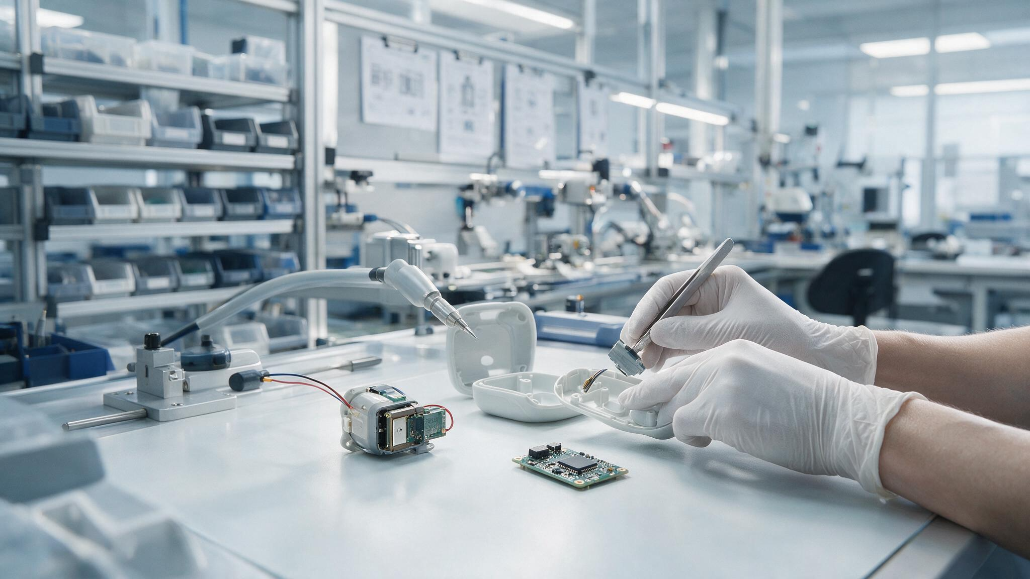 Montaż elektronicznych wyrobów medycznych w nowoczesnym zakładzie produkcyjnym.
