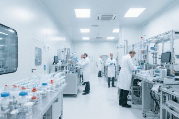 nowoczesny zakład produkcji wyrobów medycznych w strefie przemysłowej, cleanroom, precyzyjne komponenty medtech, zespół inżynierów i operatorów, sterylne środowisko, industrial biotech aesthetics, realistyczne ujęcie, bez logotypów, format poziomy 1200 px szerokości i 821 px wysokości