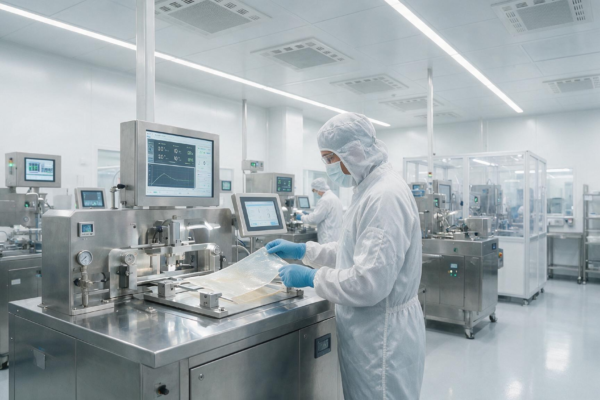 Sterylne środowisko produkcji biomateriałowych wyrobów medycznych w nowoczesnym zakładzie.
