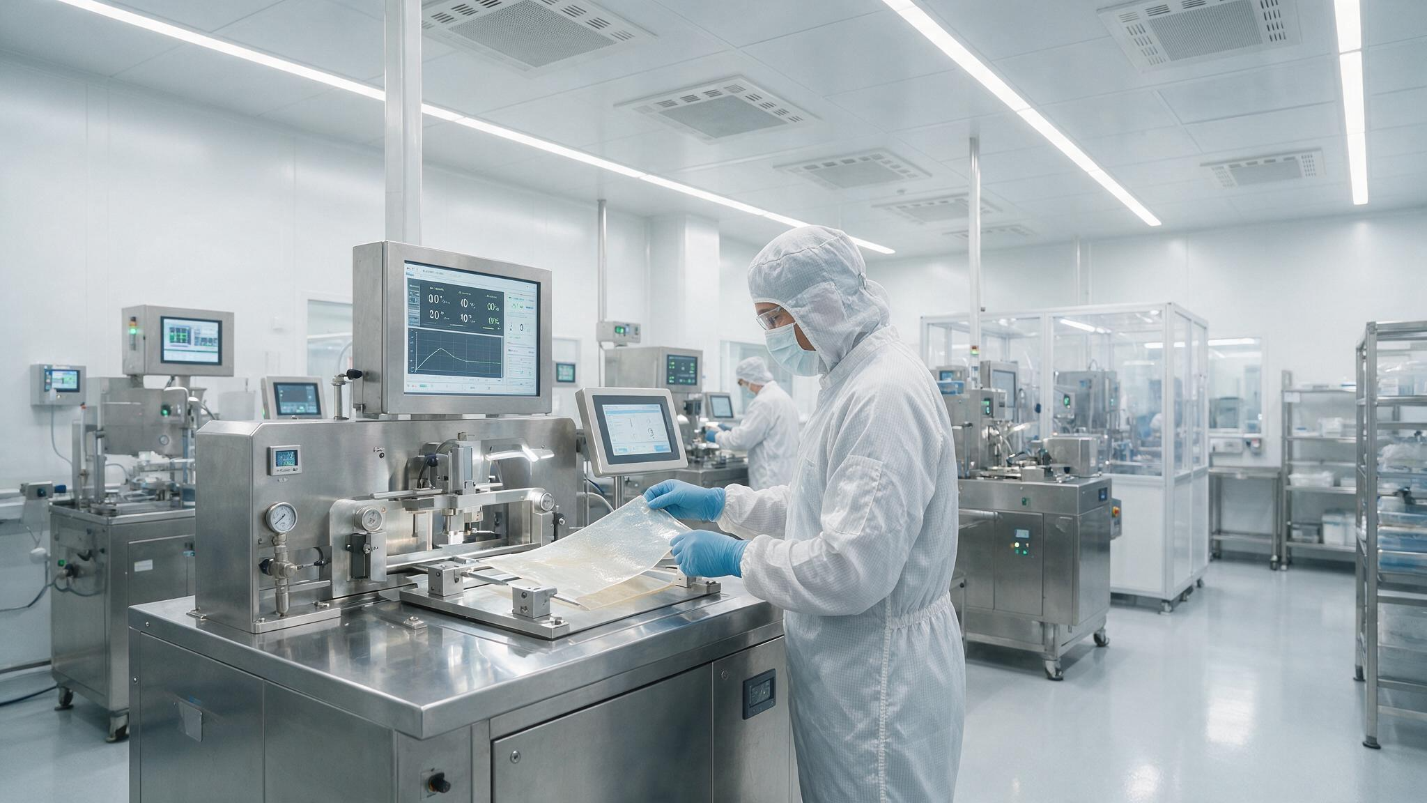 Sterylne środowisko produkcji biomateriałowych wyrobów medycznych w nowoczesnym zakładzie.