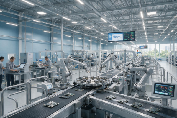 Nowoczesna zautomatyzowana hala produkcyjna z kontrolą jakości.