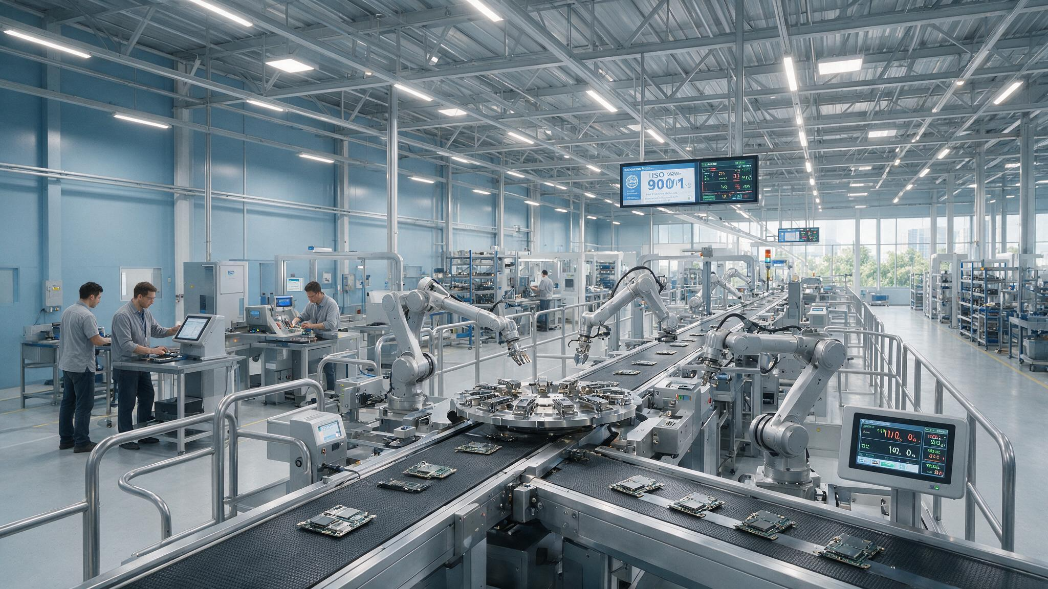 Nowoczesna zautomatyzowana hala produkcyjna z kontrolą jakości.