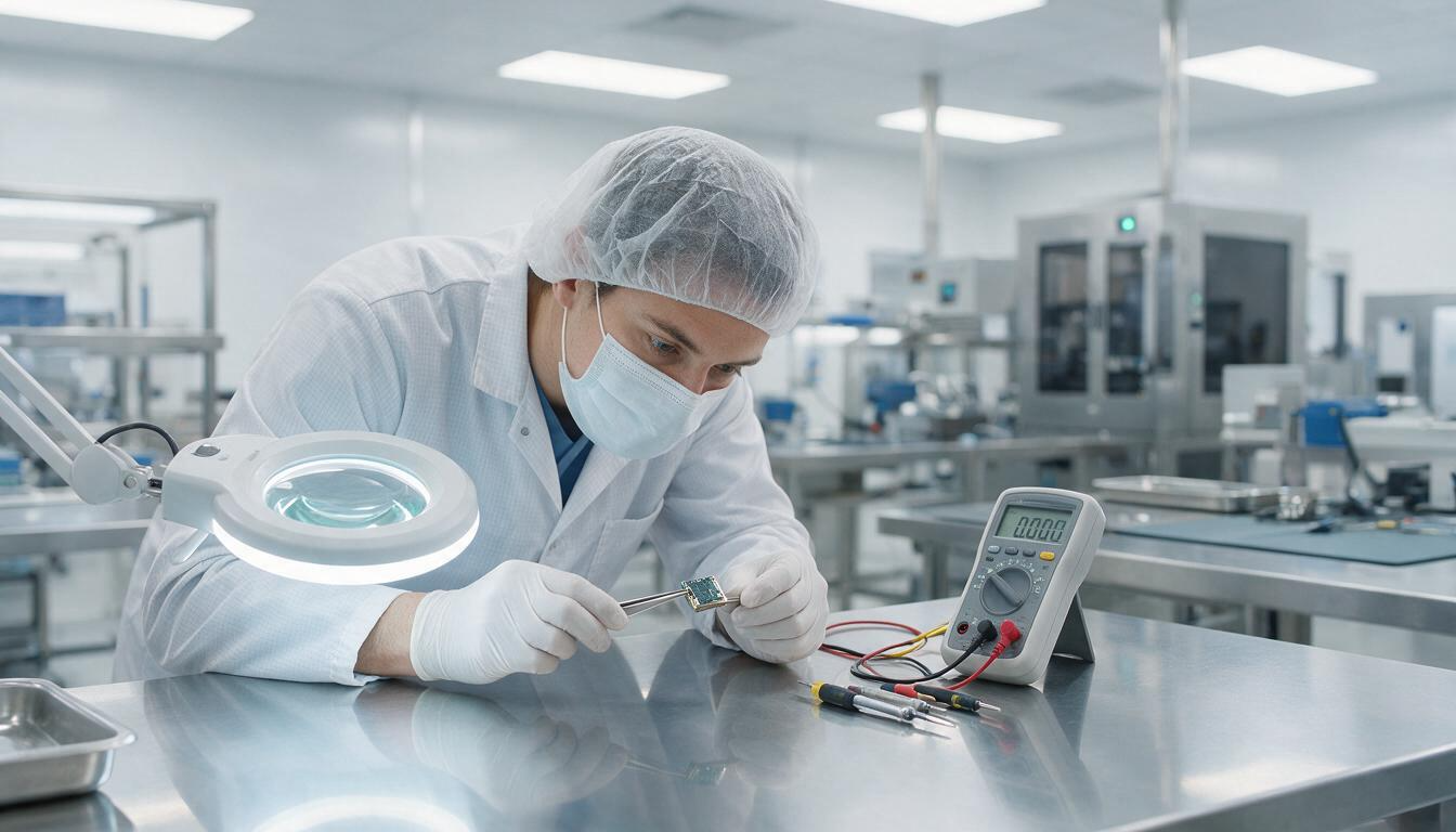 Technik kontrolujący elektroniczny komponent wyrobu medycznego na stanowisku produkcyjnym.