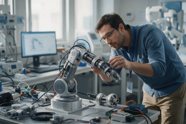 Inżynier pracujący nad konstrukcją urządzenia robotycznego w laboratorium technologii medycznych.
