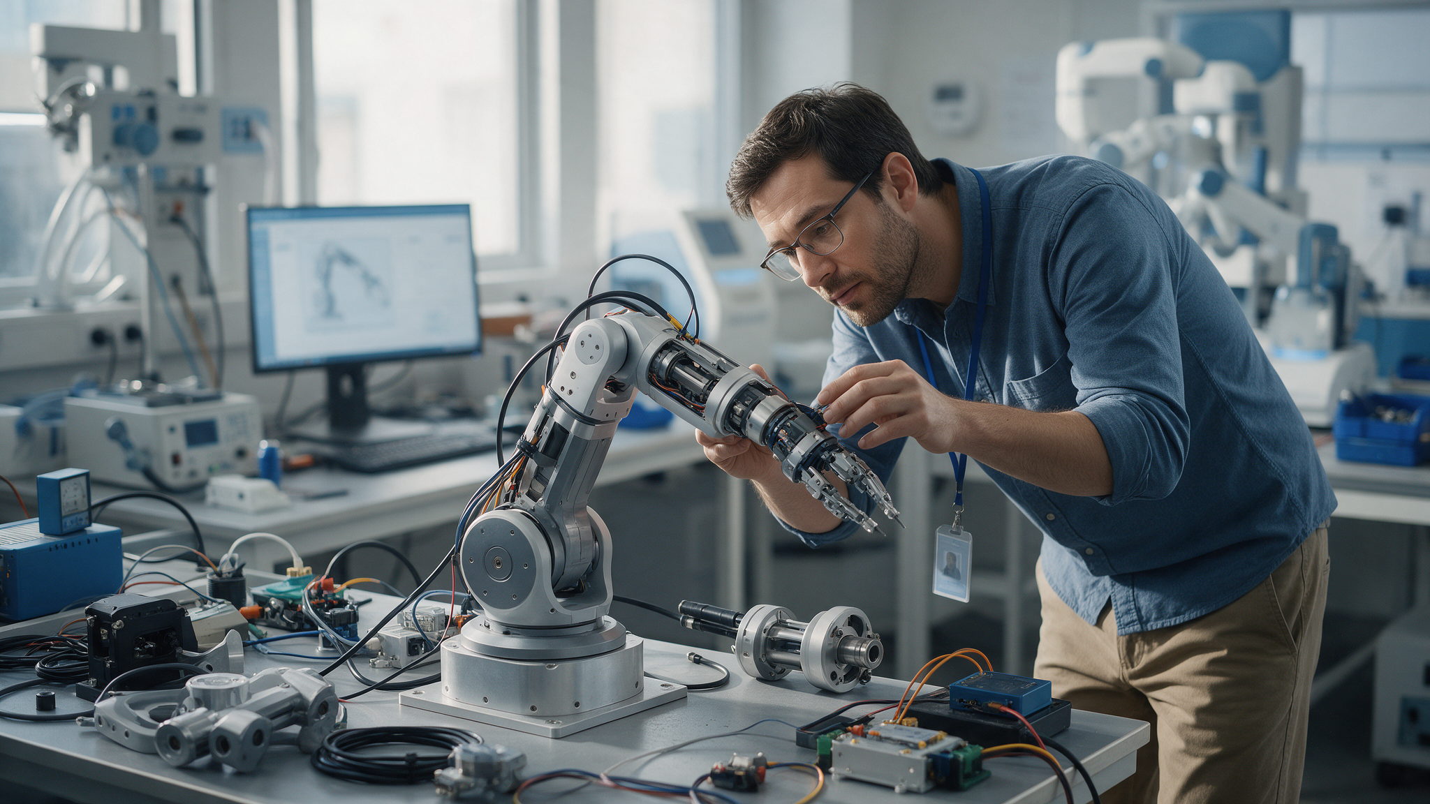 Inżynier pracujący nad konstrukcją urządzenia robotycznego w laboratorium technologii medycznych.