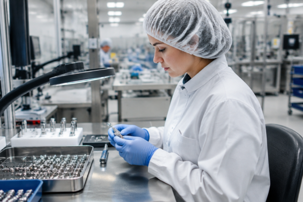 Pracownik kontrolujący precyzyjne komponenty podczas produkcji wyrobów medycznych.