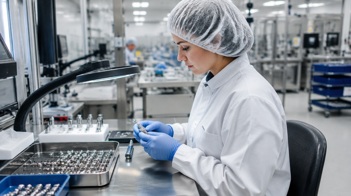 Pracownik kontrolujący precyzyjne komponenty podczas produkcji wyrobów medycznych.