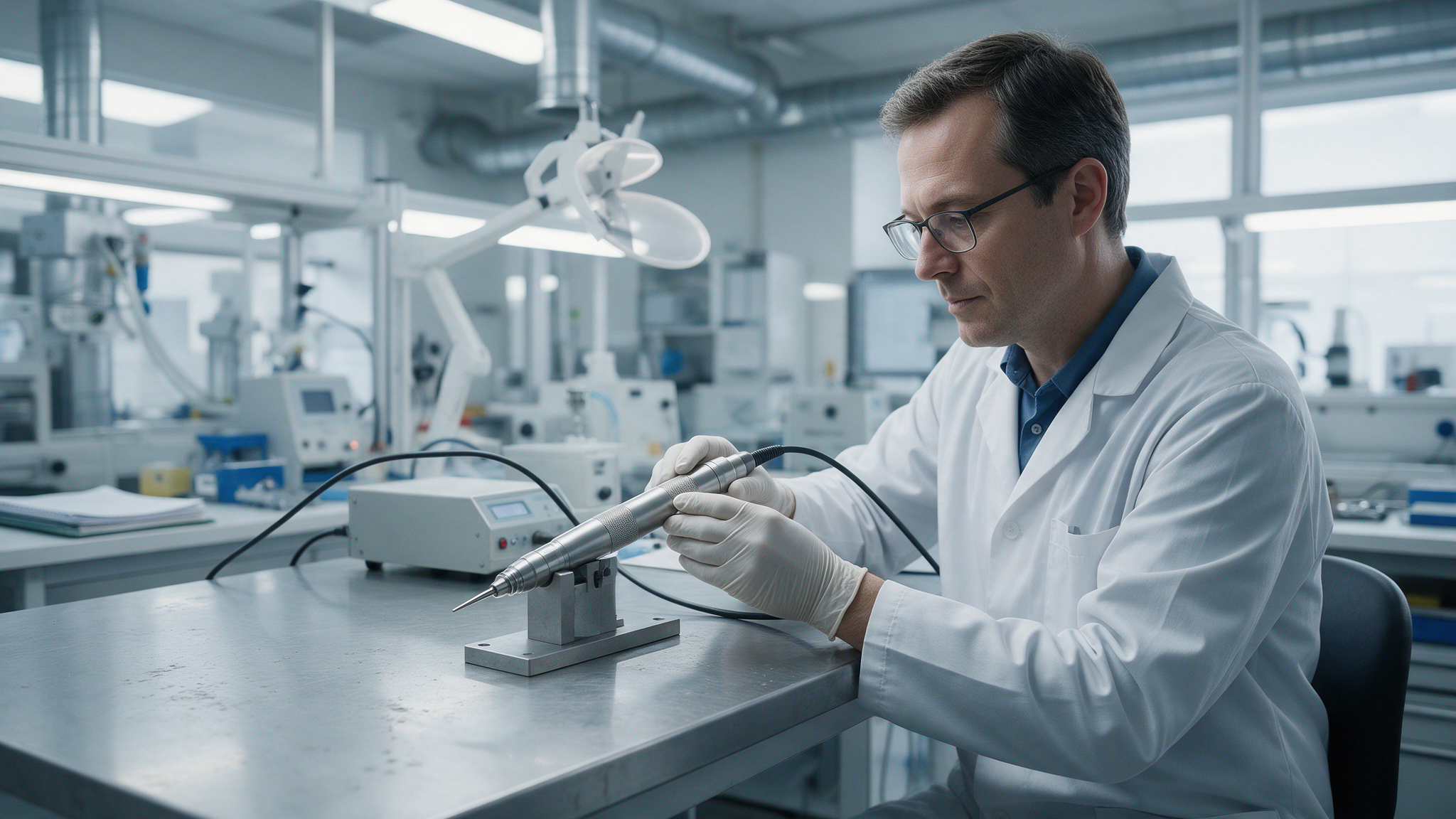 Rękojeść narzędzia medycznego na stanowisku badań technicznych.