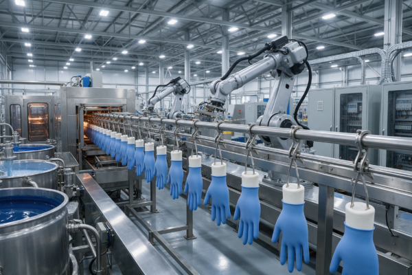 Zautomatyzowana linia produkcyjna rękawic jednorazowych w zakładzie przemysłowym.