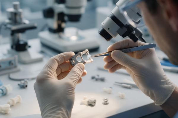 Inżynier biomedyczny kontroluje niewielki prototyp implantu medycznego na stanowisku laboratoryjnym.