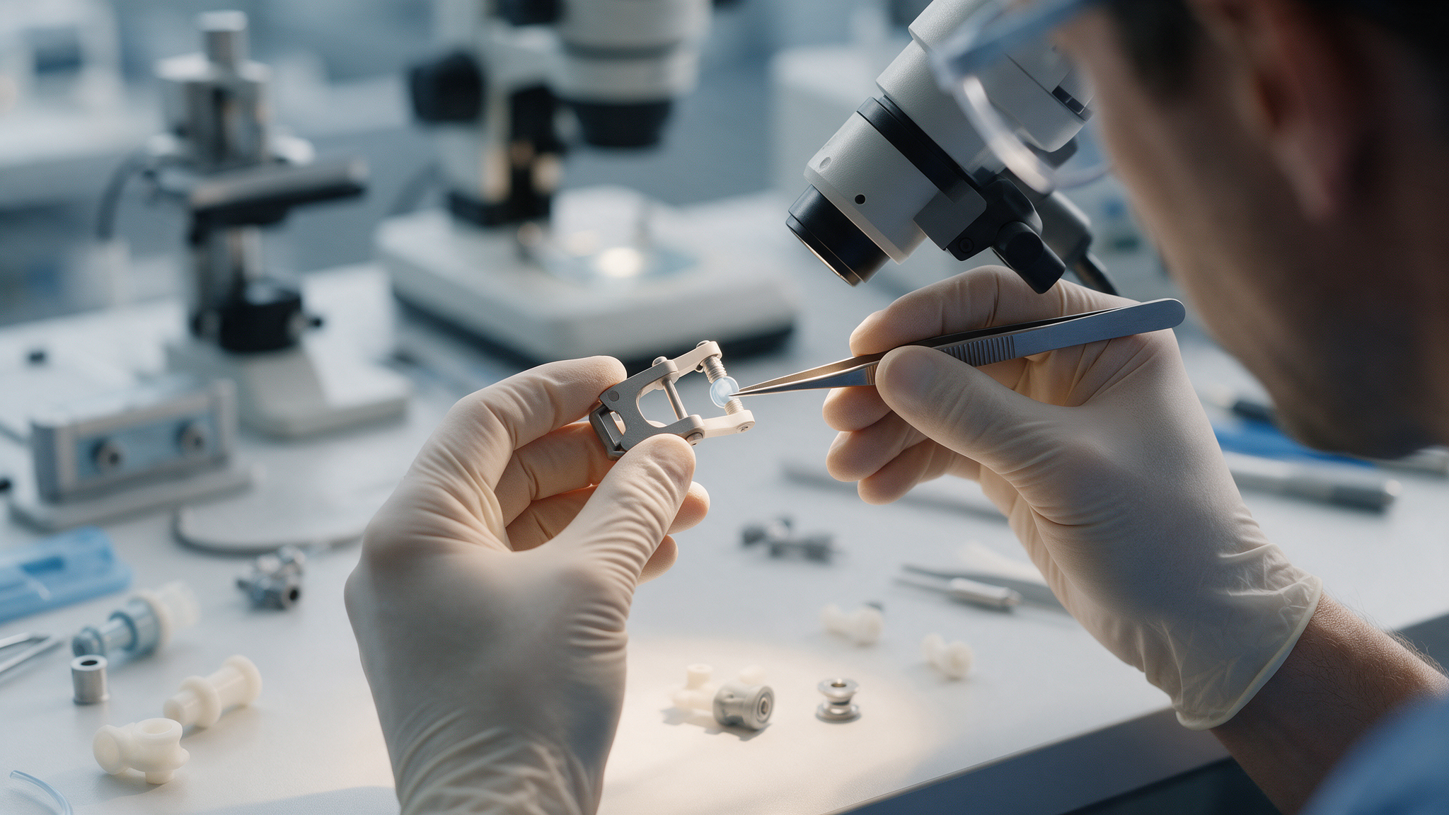 Inżynier biomedyczny kontroluje niewielki prototyp implantu medycznego na stanowisku laboratoryjnym.