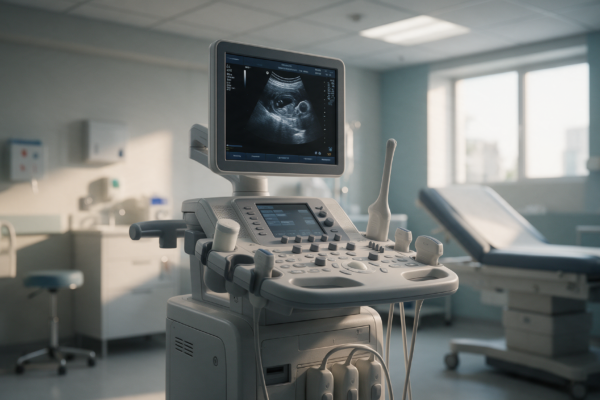 Profesjonalny aparat ultrasonograficzny z monitorem, panelem sterowania i głowicami w gabinecie diagnostycznym.