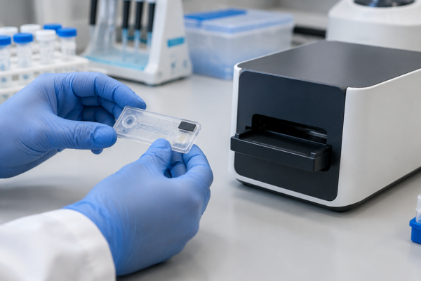 Prace laboratoryjne nad kartridżem i kompaktowym urządzeniem diagnostycznym.