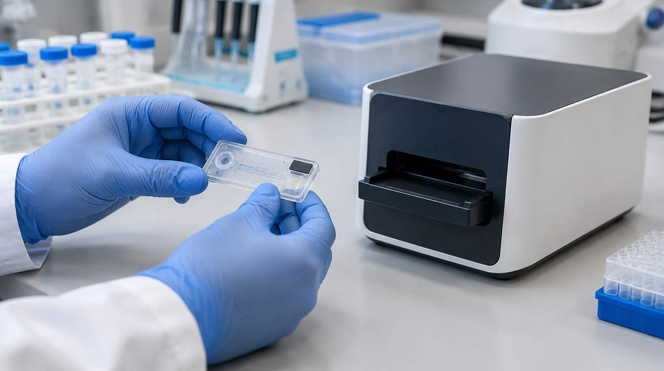 Prace laboratoryjne nad kartridżem i kompaktowym urządzeniem diagnostycznym.