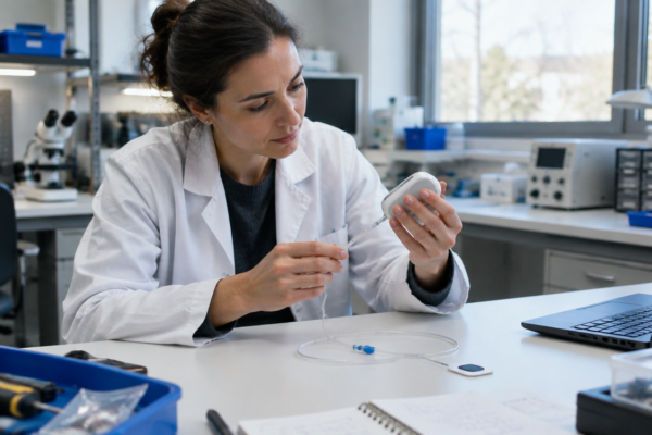 Kontrola niewielkiego urządzenia medycznego na stanowisku laboratoryjnym.