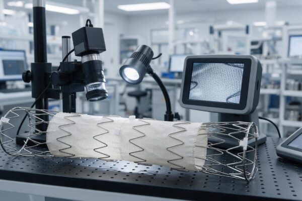 Stent-graft naczyniowy podczas kontroli jakości i dokumentacji technicznej.
