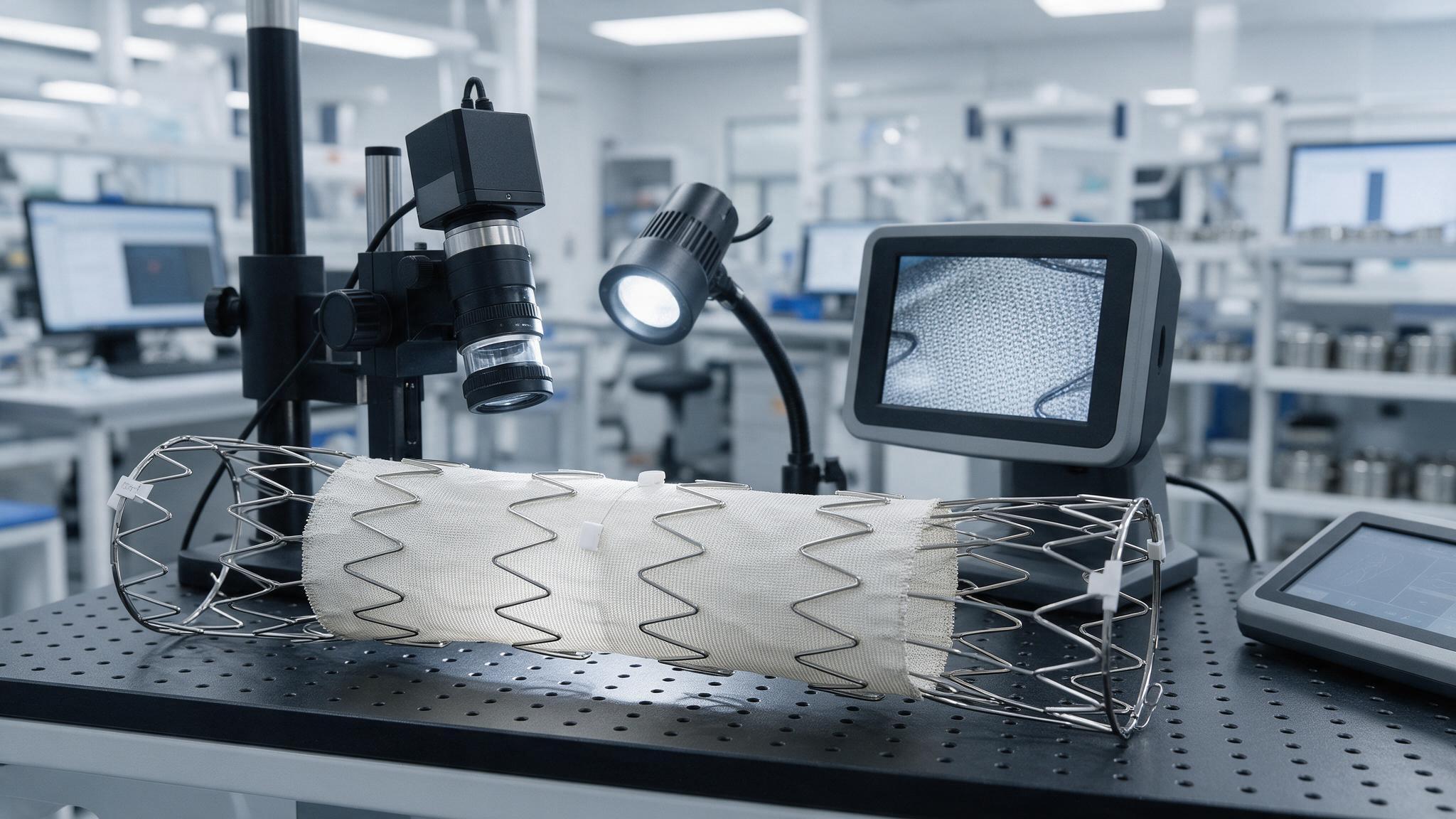 Stent-graft naczyniowy podczas kontroli jakości i dokumentacji technicznej.