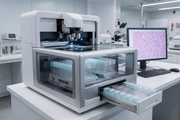 Skaner preparatów histopatologicznych w laboratorium patologii cyfrowej.