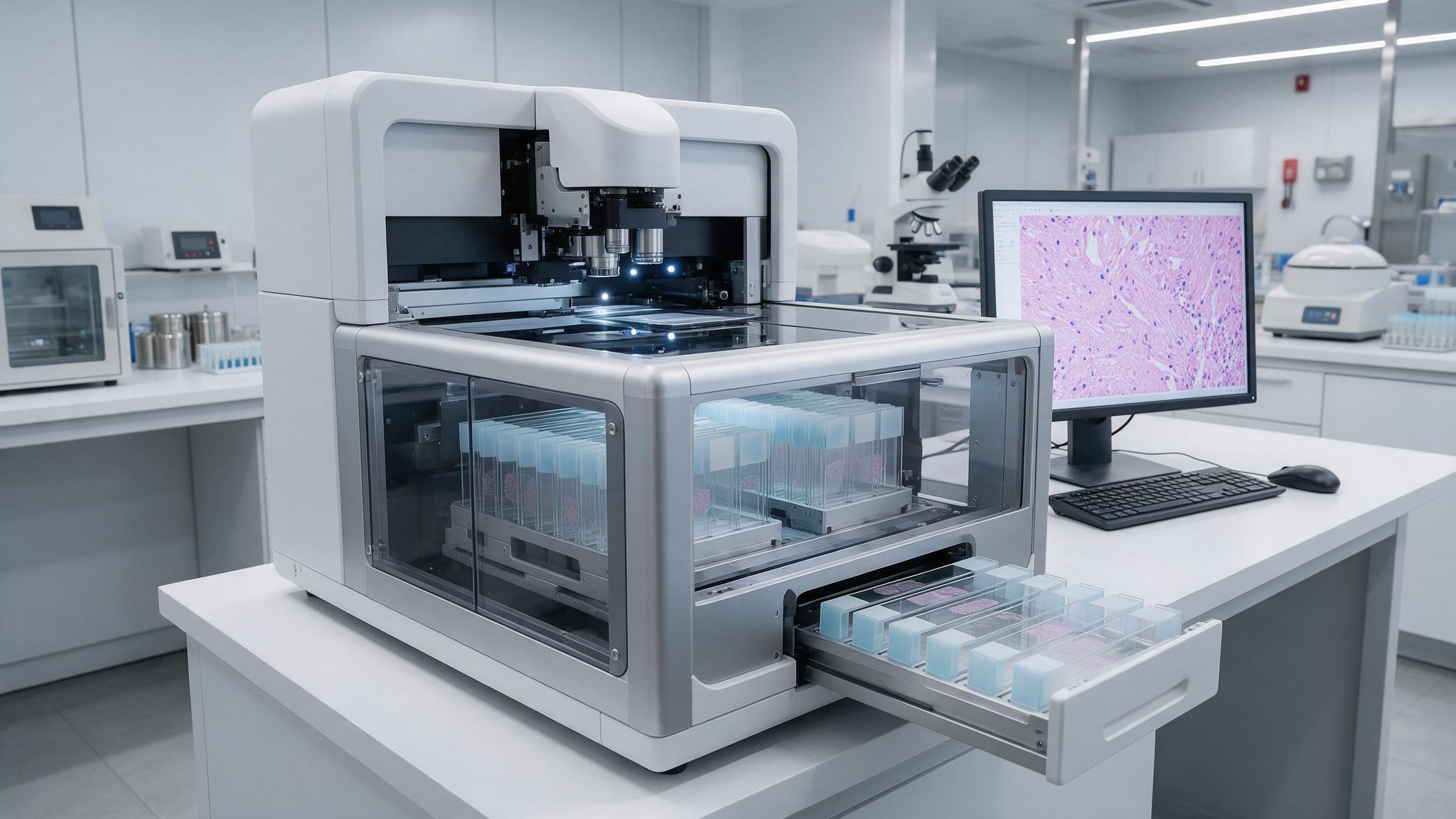 Skaner preparatów histopatologicznych w laboratorium patologii cyfrowej.