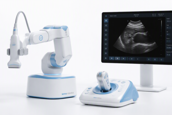 Ramię robotyczne z głowicą USG, sterownik haptyczny i monitor diagnostyczny.