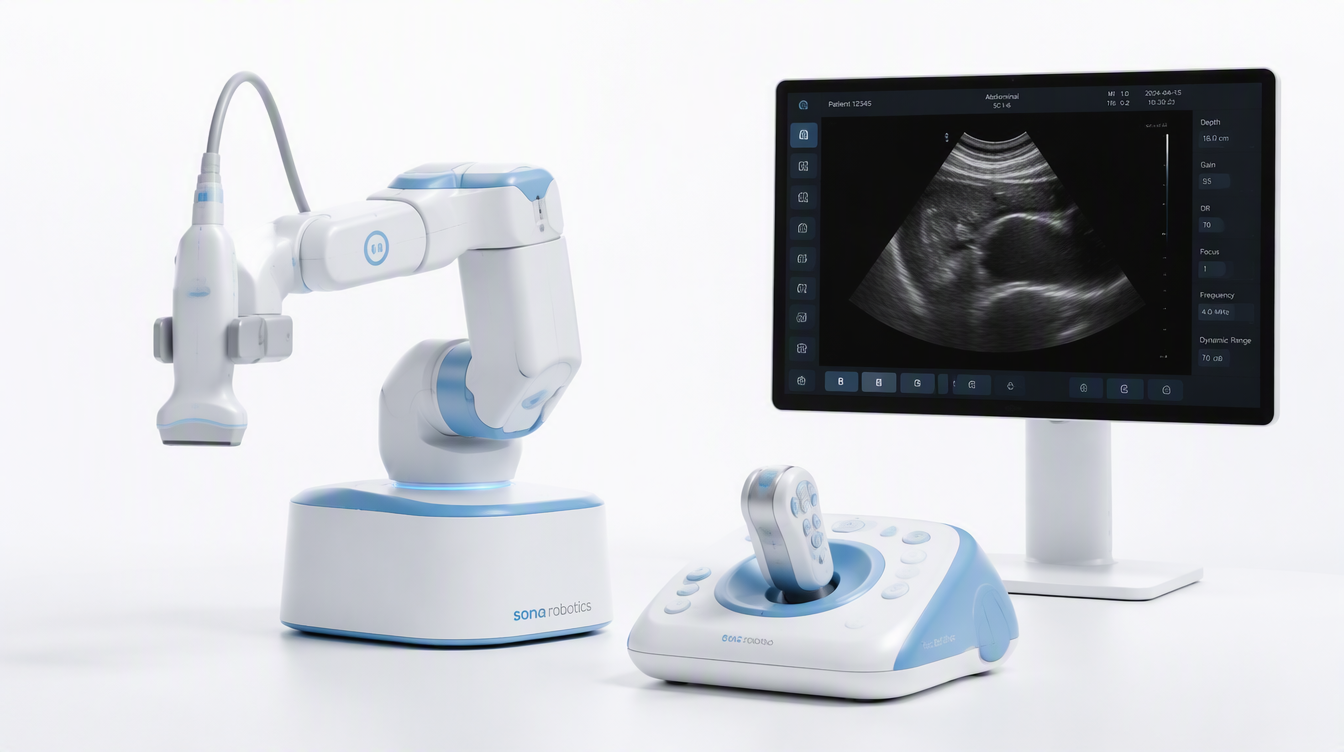 Ramię robotyczne z głowicą USG, sterownik haptyczny i monitor diagnostyczny.