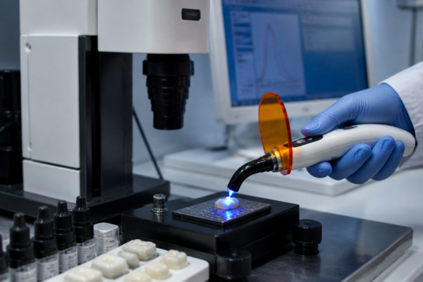 Badanie parametrów lampy polimeryzacyjnej i materiału kompozytowego w laboratorium.