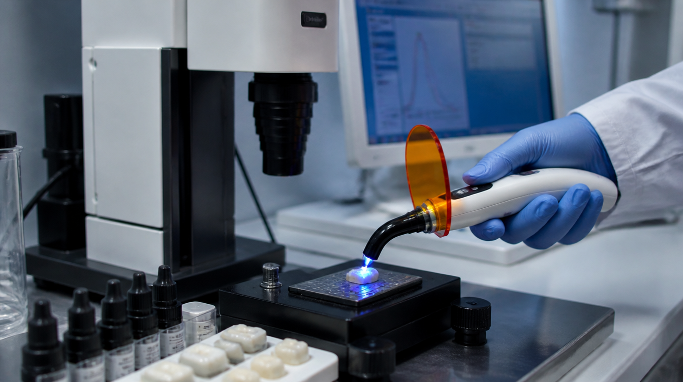 Badanie parametrów lampy polimeryzacyjnej i materiału kompozytowego w laboratorium.