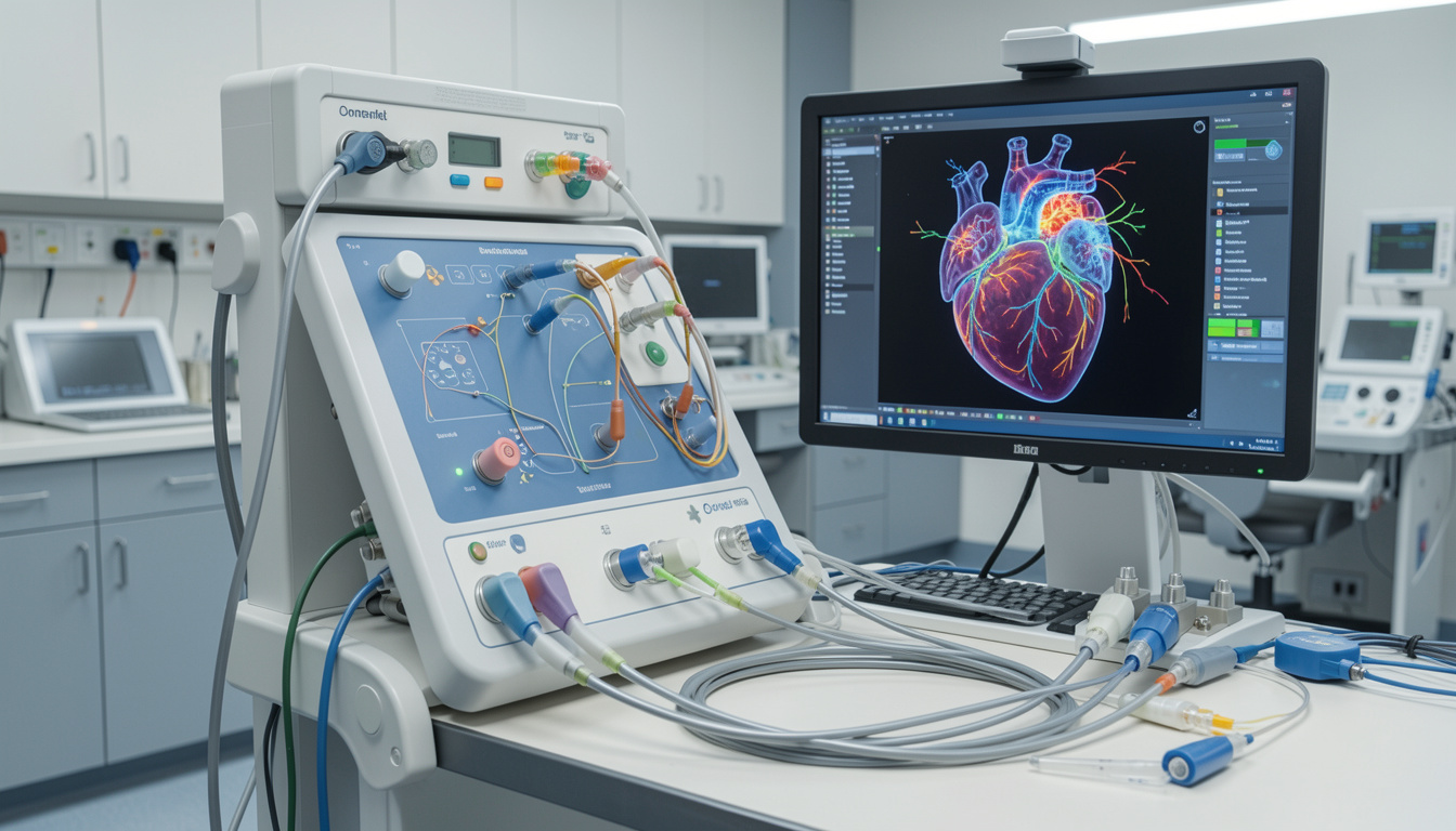 Zintegrowany system elektrofizjologiczny z cewnikiem, generatorem, pompą irygacyjną i trójwymiarową mapą serca.