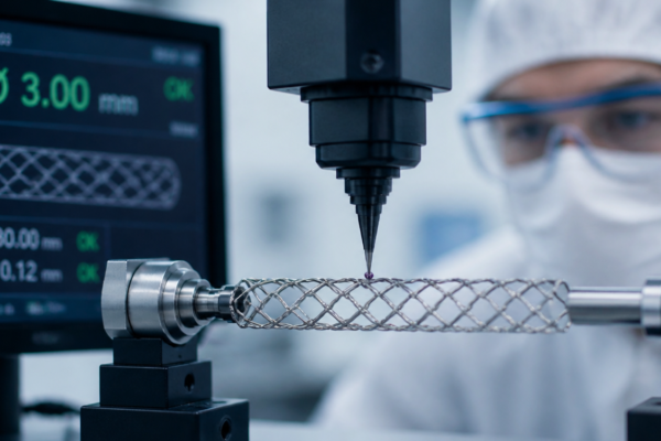 Metalowy stent naczyniowy podczas kontroli jakości.