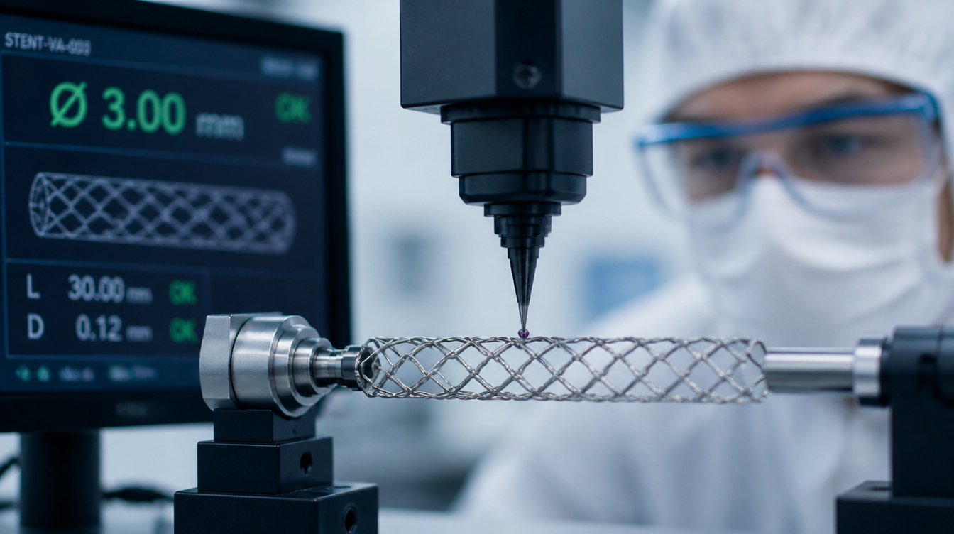 Metalowy stent naczyniowy podczas kontroli jakości.