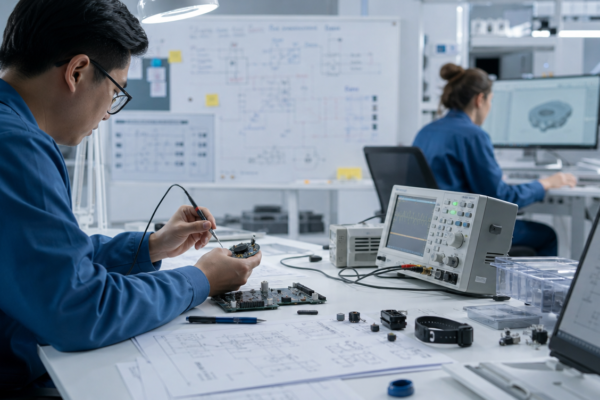 Inżynierowie pracujący nad prototypem urządzenia wearable w laboratorium R&D wyrobów medycznych.