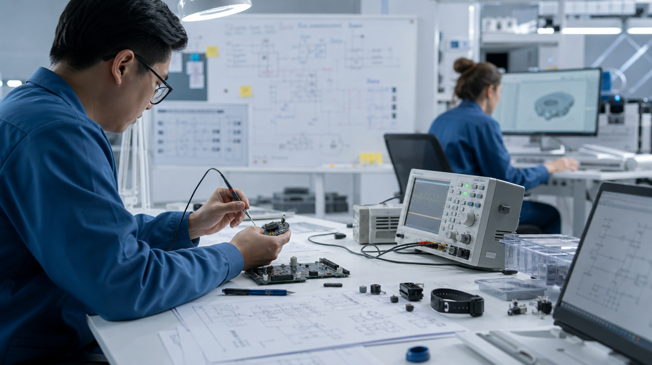 Inżynierowie pracujący nad prototypem urządzenia wearable w laboratorium R&D wyrobów medycznych.
