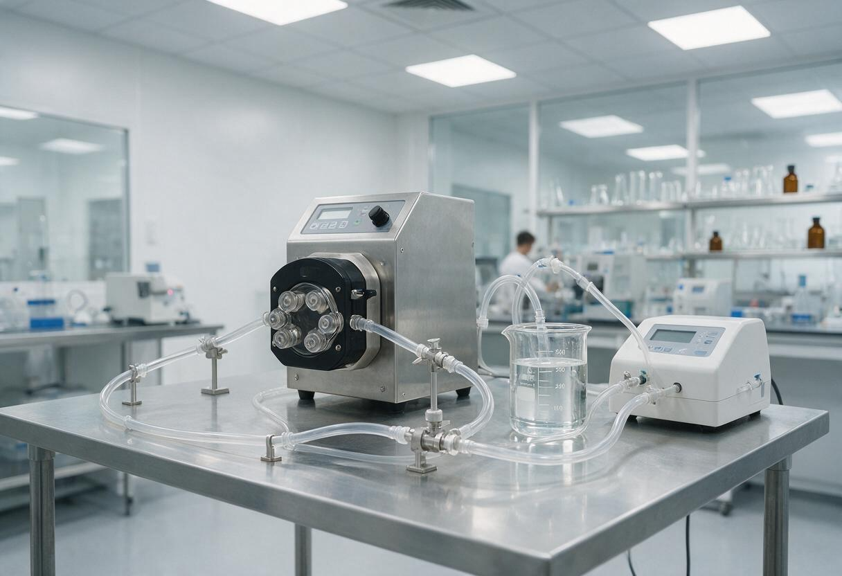 Aparatura do laboratoryjnych badań przepływu cieczy w laboratorium biomedycznym.