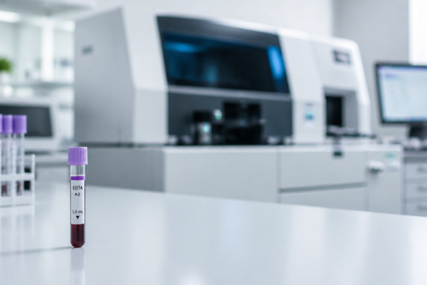 Analizator laboratoryjny i próbka krwi włośniczkowej w laboratorium IVD.