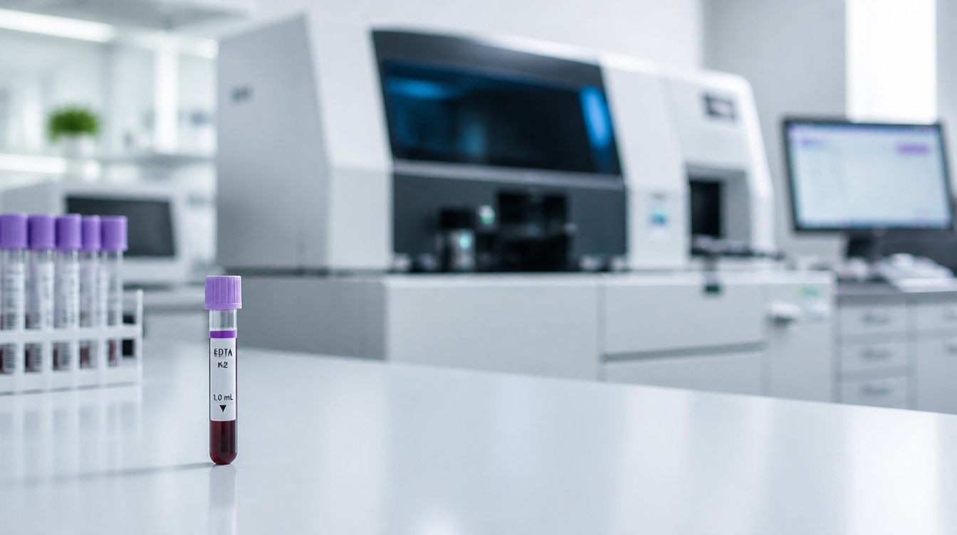 Analizator laboratoryjny i próbka krwi włośniczkowej w laboratorium IVD.