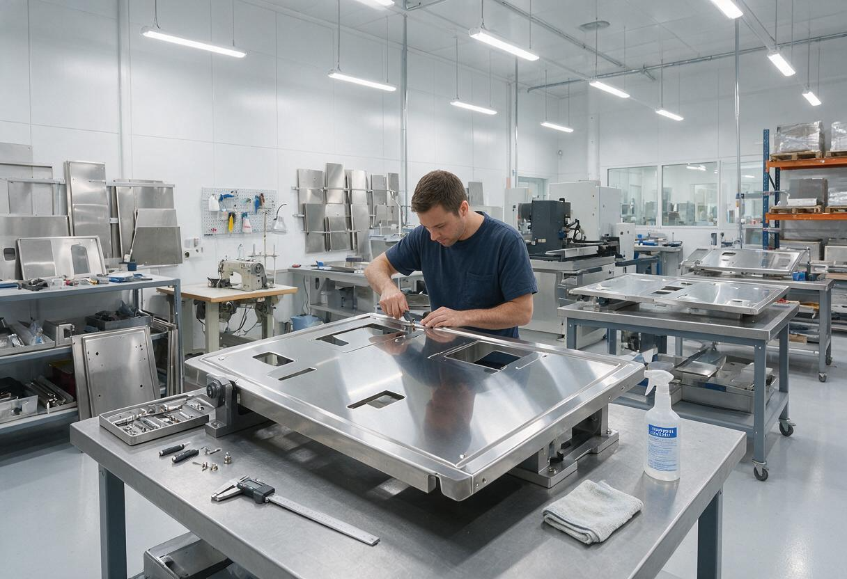 Montaż metalowego wyposażenia szpitalnego w nowoczesnym zakładzie produkcyjnym.