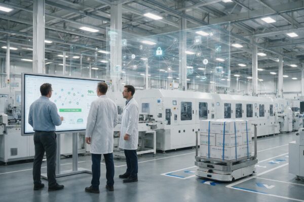 Operatorzy nadzorują cyfrowe systemy w zakładzie produkcji wyrobów medycznych.