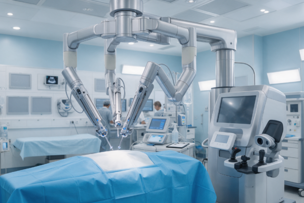 Robotycznie wspomagany system chirurgiczny w sali operacyjnej.