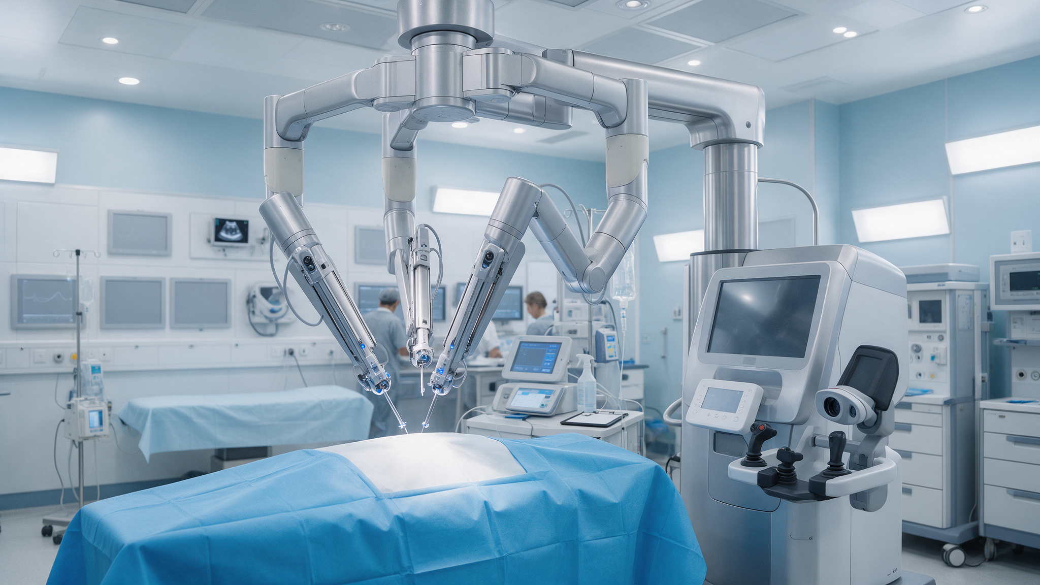 Robotycznie wspomagany system chirurgiczny w sali operacyjnej.