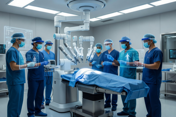 Nowoczesny system chirurgii robotowej obsługiwany przez zespół lekarzy w cyfrowej sali operacyjnej.