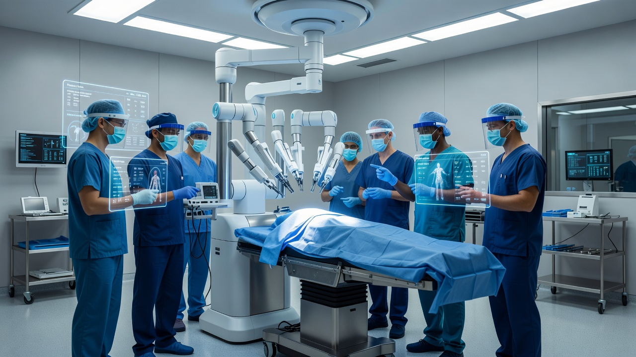 Nowoczesny system chirurgii robotowej obsługiwany przez zespół lekarzy w cyfrowej sali operacyjnej.