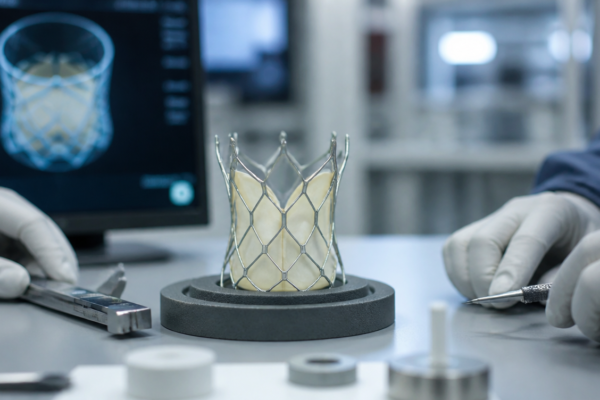 Precyzyjna konstrukcja przezcewnikowego implantu zastawki serca na stanowisku inżynieryjnym.