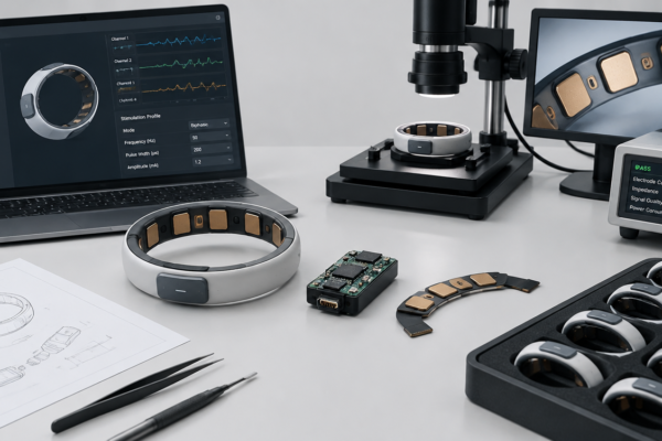 Ilustracyjny wyrób bioelektroniczny z elektrodami i modułem sterującym.