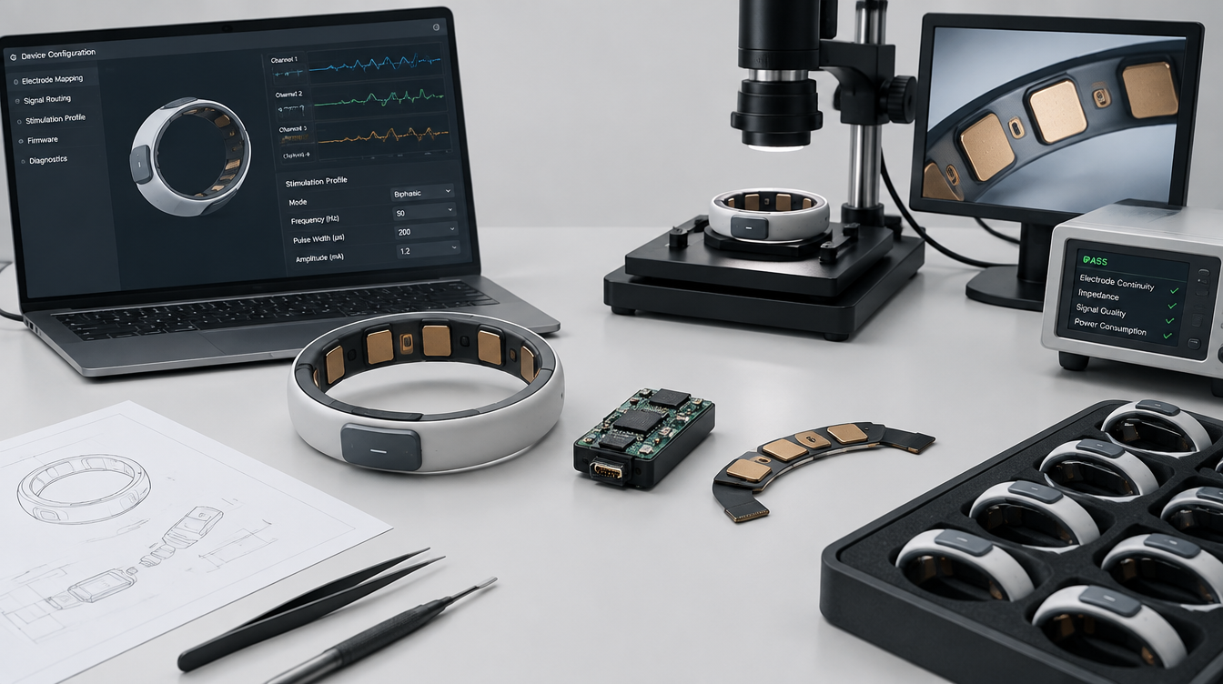 Ilustracyjny wyrób bioelektroniczny z elektrodami i modułem sterującym.