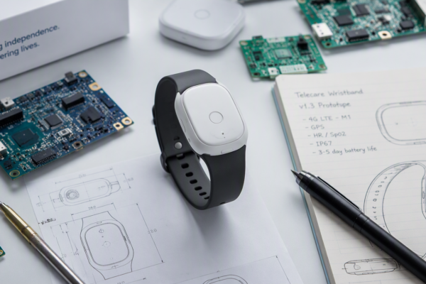 Prototyp opaski do teleopieki z sensorami i dokumentacją techniczną na stanowisku laboratoryjnym.